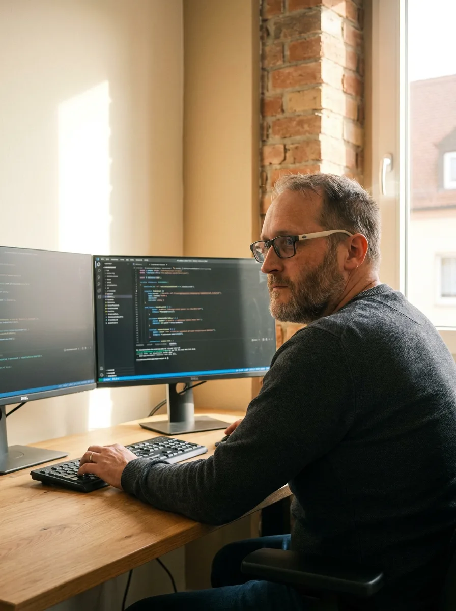 Robert Kübler programmiert an zwei Monitoren