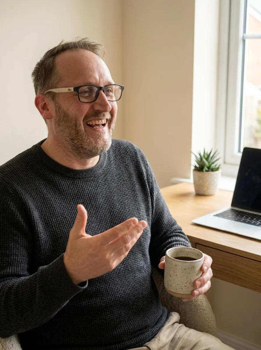 Robert Kübler lacht beim Erklären im Büro