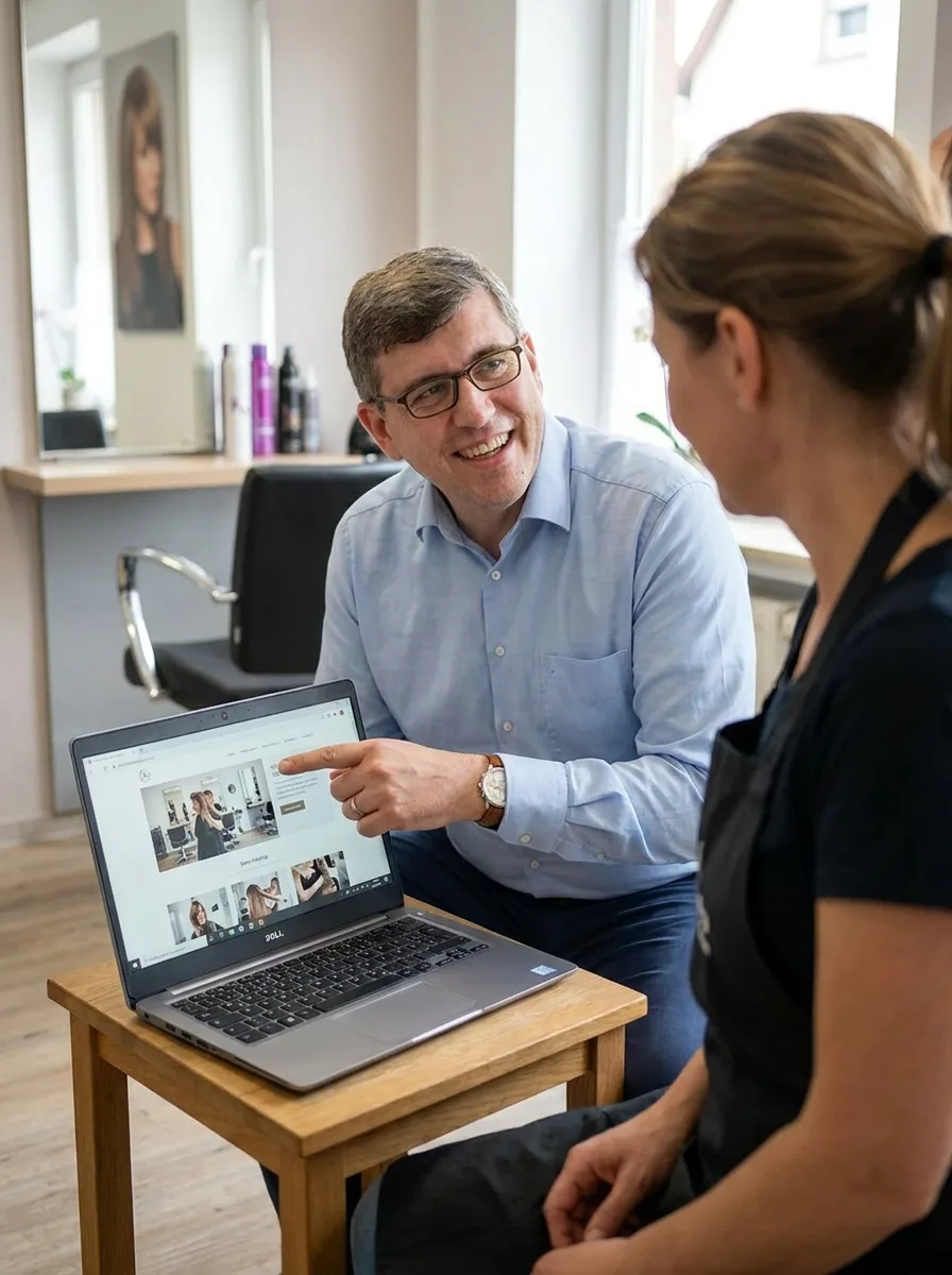 Stephan Brdlik berät eine Friseurin am Laptop